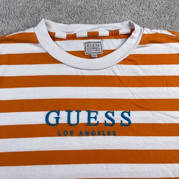GUESS Shirt Mens Medium Orange White Stripes Streetwear Short Sleeve Embroidered - Picture 2 of 11